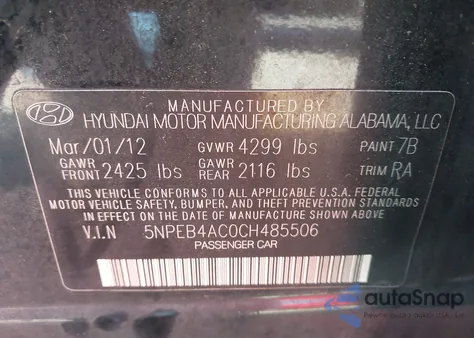 2012 Hyundai Sonata Gls из США, поврежденный, VIN 5NPEB4AC0CH485506